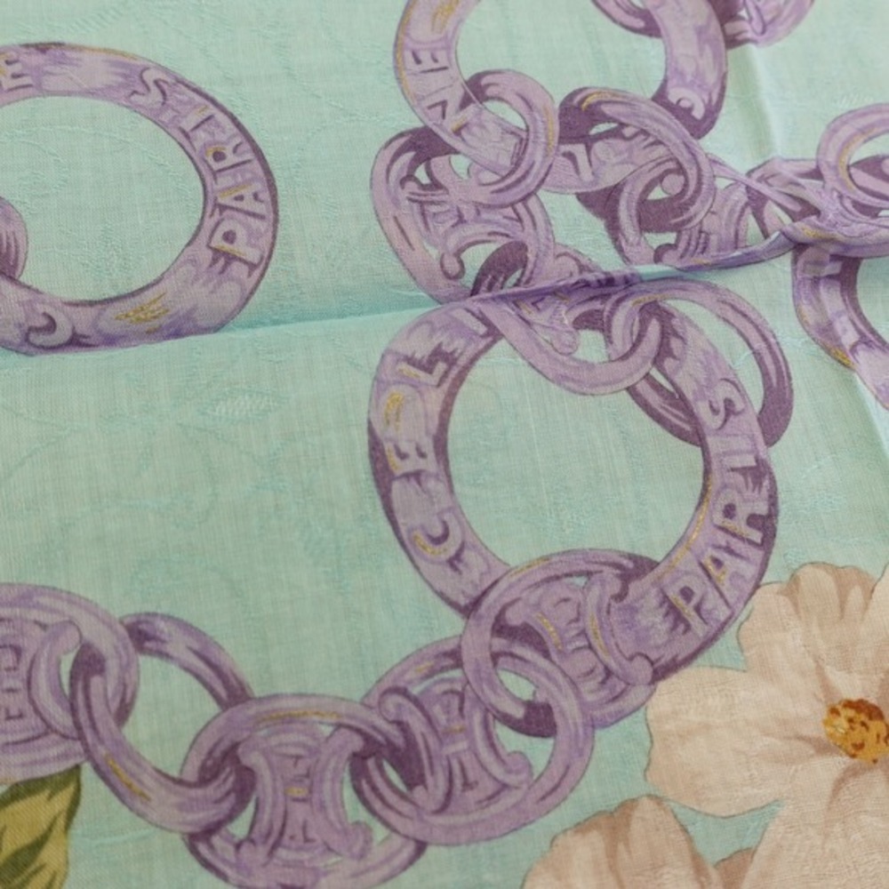 90s VTG CELINE Paris Handkerchief Blue Hibiscus Chain Link Scarf AUTH Luxe 20x19 - Picture 9 of 13
